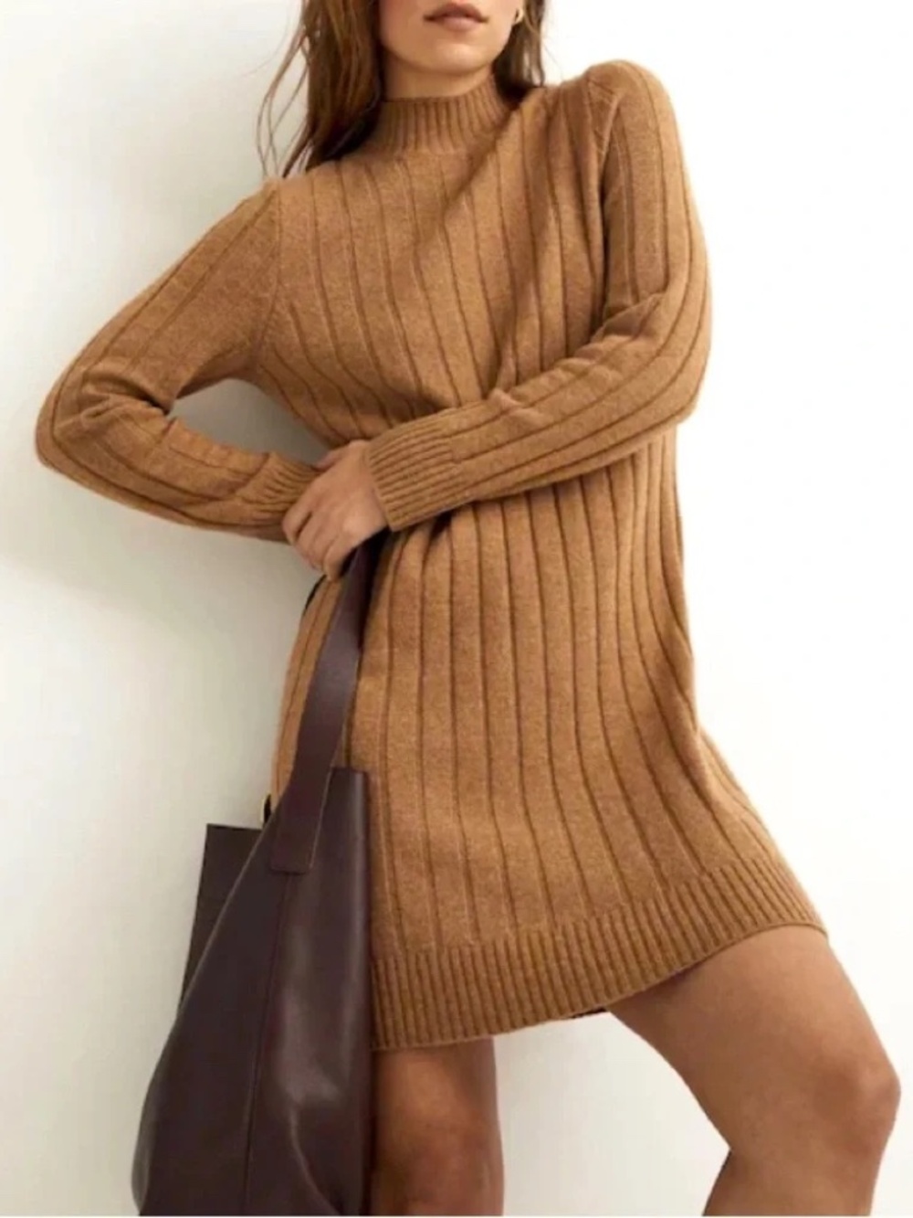 Madewell Wool Blend Mock Neck Ribbed Sweater Dress XL Tan Caramel NM656